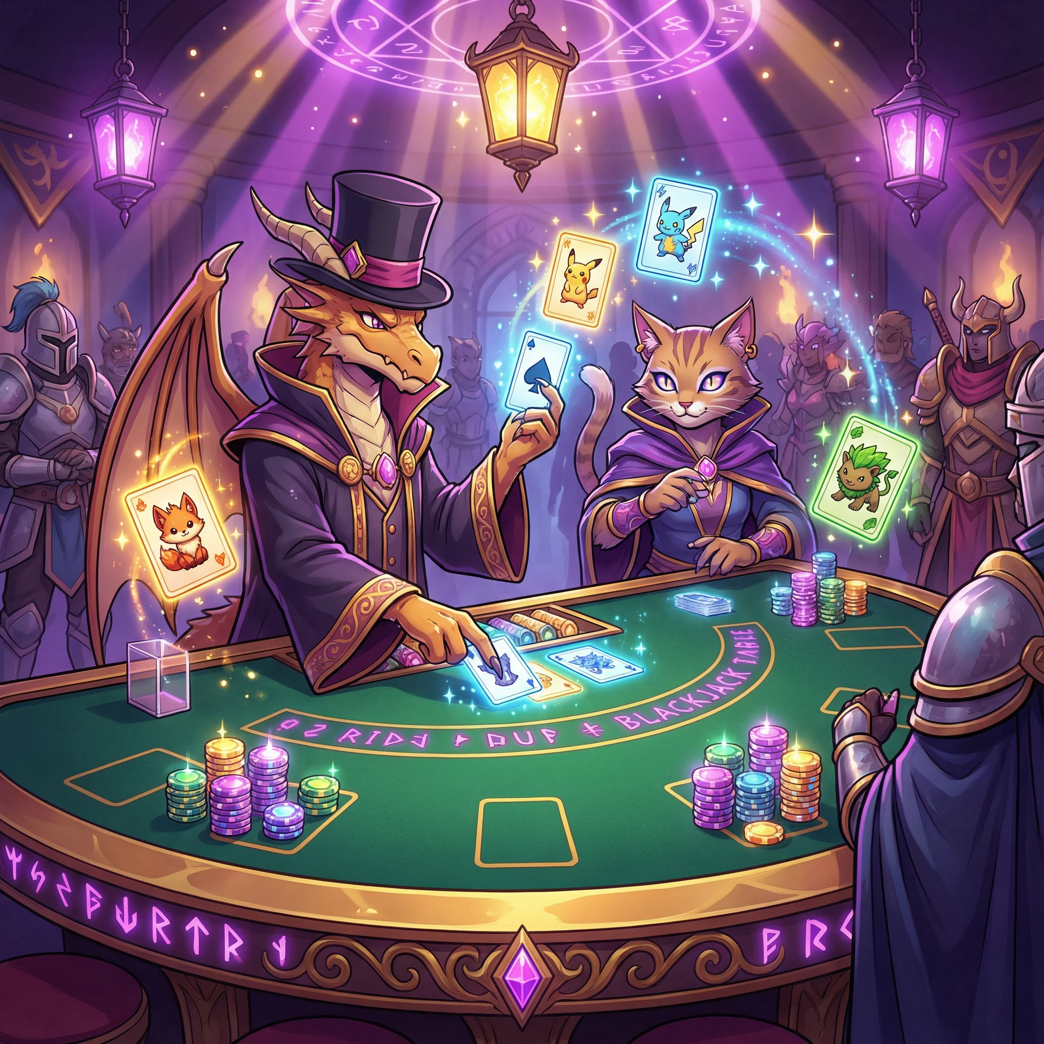 Mesa de blackjack con cartas mágicas flotando